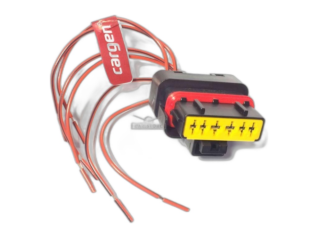 Колодка соединит. 6-ти конт., разъём 211PC069SO049 (6pin), датчика массового расхода воздуха Волга, ГАЗель, Соболь, УАЗ дв.ЗМЗ 406, 405, 409, Евро 3, ДМРВ Siemens 20.3855-10, в сб. с проводами (аналог 211РС069SO-049 FC1, LR004534, АХ506, AX506) Cargen, г. Тольятти, артикул АХ-506 — фото автозапчасти