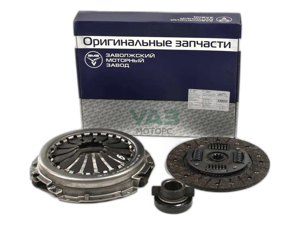 Комплект сцепления Волга, ГАЗель, Соболь, УАЗ дв.ЗМЗ 402, 406, 405, 409, к-т=корзина с кольцом, усиленная+ведомый диск+подшипник с муфтой ООО "Заволжский завод автокомпонентов", артикул 4061.3906605 — фото автозапчасти