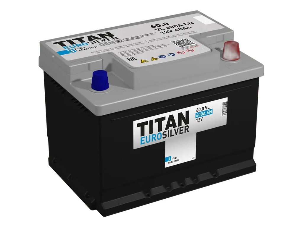 Аккумулятор "TITAN" EUROSILVER 60 Ah, 12V пуск.ток 600 А низкий корпус обратная полярность (- ; +), артикул 4607008884623 — фото автозапчасти