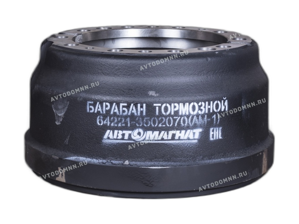Барабан тормозной МАЗ, Евро, 10-ть отверстий, МАЗ 53363, 53366, 5337, 53371, 54321, 54321, 54323, 5516, 5551, 6303, 64221, 64229, 83781, 9008, 93802, 93866, 938662, 9506, 9758, 9758-30, 543202, 5336, 6422, 6303, 64226, 54326, 5551, 5337, 5432, 5337, 5516, 103, 104, 104С, 105, 107, 152 (AM-02-015 ) АВТОМАГНАТ, артикул 64221-3502070 — фото автозапчасти