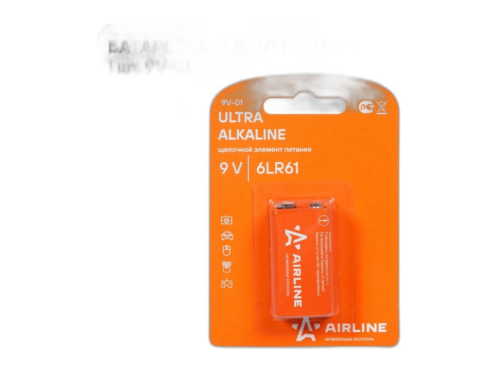 Батарейка 6LR61/Крона 9V щелочная, 1шт. AirLine, артикул 9V-01 — фото автозапчасти