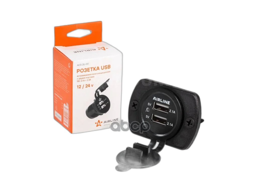 Розетка USB встраиваемая влагозащ. с 2-мя портам, 12/24В, 5В, 2.1А+2.1А AirLine, артикул ACS-2U-02 — фото автозапчасти
