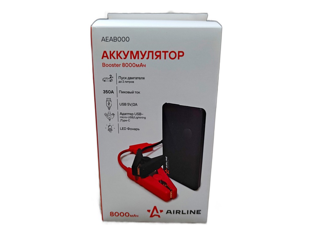 Аккумулятор внешний универсальный, Booster 8000мАz, выход USB, 5В, 2А, пусковой ток до 350А; вход micro USB 5В, 2А, фонарь, пуск двигателя с сетью 12В при разряженной АКБ AirLine, артикул AEAB000 — фото автозапчасти