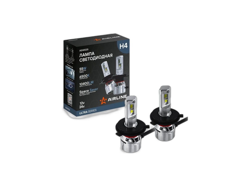 Автолампа светодиодная H4 ULTRA, 12/24В, 55Вт, 10400Лм (5200Лмх2), 6500К, к-т 2шт., цвет свечения белый, встроенная обманка-эмулятор, предотвращающая мерцания ламп и появление ошибок AirLine, артикул AEAR225 — фото автозапчасти