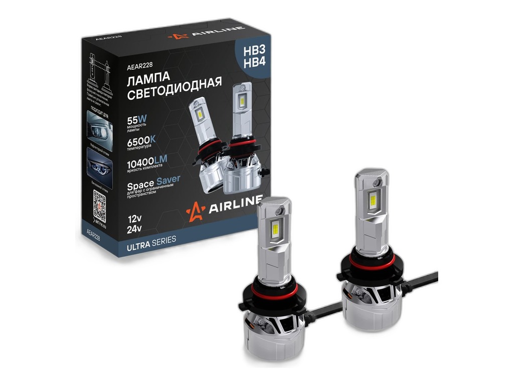 Автолампа светодиодная HB3/HB4 ULTRA, 12/24В, 55Вт, 10400Лм (5200Лмх2), 6500К, к-т 2шт., цвет свечения белый, встроенная обманка-эмулятор, предотвращающая мерцания ламп и появление ошибок AirLine, артикул AEAR228 — фото автозапчасти