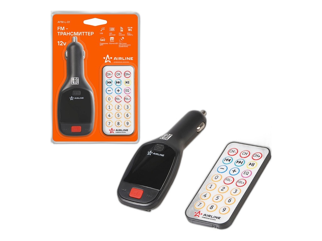 Модулятор FM сигнала, трансмиттер 12В, вход USB/SD/micro SD, MP3, в к-те пульт управления, тип дисплея LED AirLine, артикул AFM-L-01 — фото автозапчасти