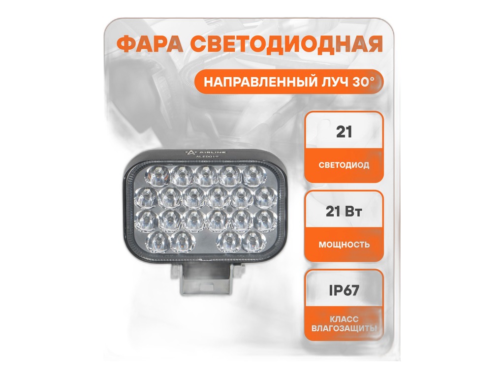 Фара дополнительная, прямоугольная, свет направленный, LED диодов 21шт., 21Вт, размер 108х80х35мм., корпус алюминий, кабель L=300мм., открытые концы кабеля, 12/24В "PLUS" AirLine, артикул ALED019 — фото автозапчасти