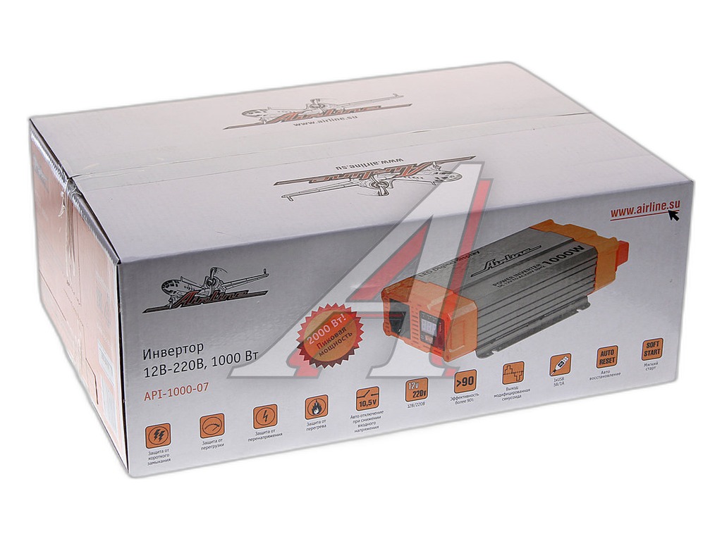 Инвертор напряжения (преобразователь) автомобильный 12В-220В, 1000Вт, выход USB 5В-1А AirLine, артикул API-1000-07 — фото автозапчасти