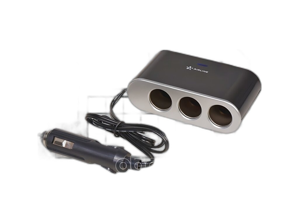 Прикуриватель-разветвитель 3-и гнезда 5А+USB 1А, с выключателем нагрузки, шнур L=600мм., 12В AirLine, артикул ASP-3S-15 — фото автозапчасти