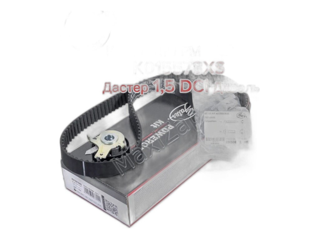 Р/к ГРМ Renault Duster, Logan, Sandero, Clio, Kangoo, Megane II, Scenic, Twingo, NISSAN Juke, Micra, Qashqai 1.5D (Ремень 123х27 +ролик) GATES, артикул K015578XS — фото автозапчасти