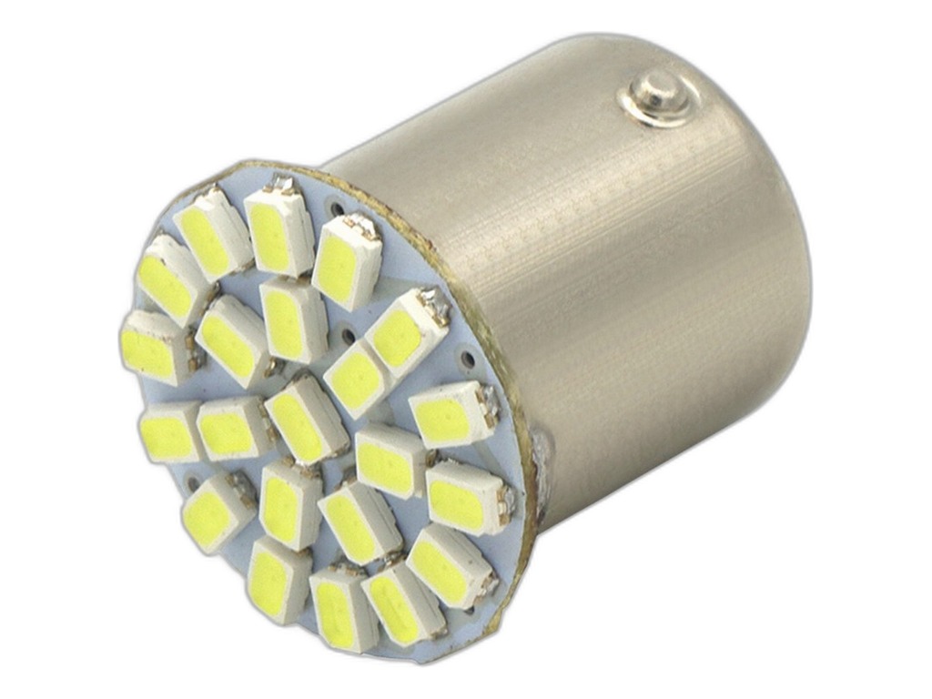 Автолампа диод S25(P21W) 12V 22 SMD диода с цоколем 1-контактная белая, к-т 2шт., габариты, стопы, поворот, задние противотуманные фары, фонари заднего хода (S08201051) Skyway, артикул S1156-22SMD-1206-115 — фото автозапчасти