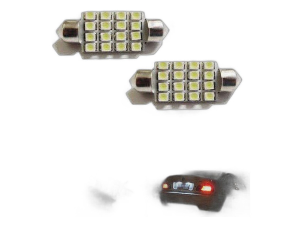 Автолампа диод T11(C5W) 12V 16 SMD диода c цоколем 39мм. 1-контактная белая, салон, номер (S08201161) Skyway, артикул SJ-16SMD-1206-39MM-S — фото автозапчасти
