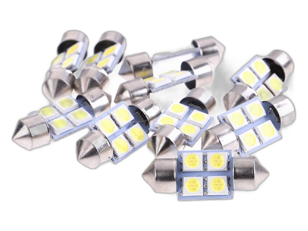 Автолампа диод T11(C5W) 12V 4 SMD диода c цоколем 31мм. 1-контактная белая, салон, номер(S08201170) Skyway, артикул SJ-4SMD-5050-31MM-SJ — фото автозапчасти