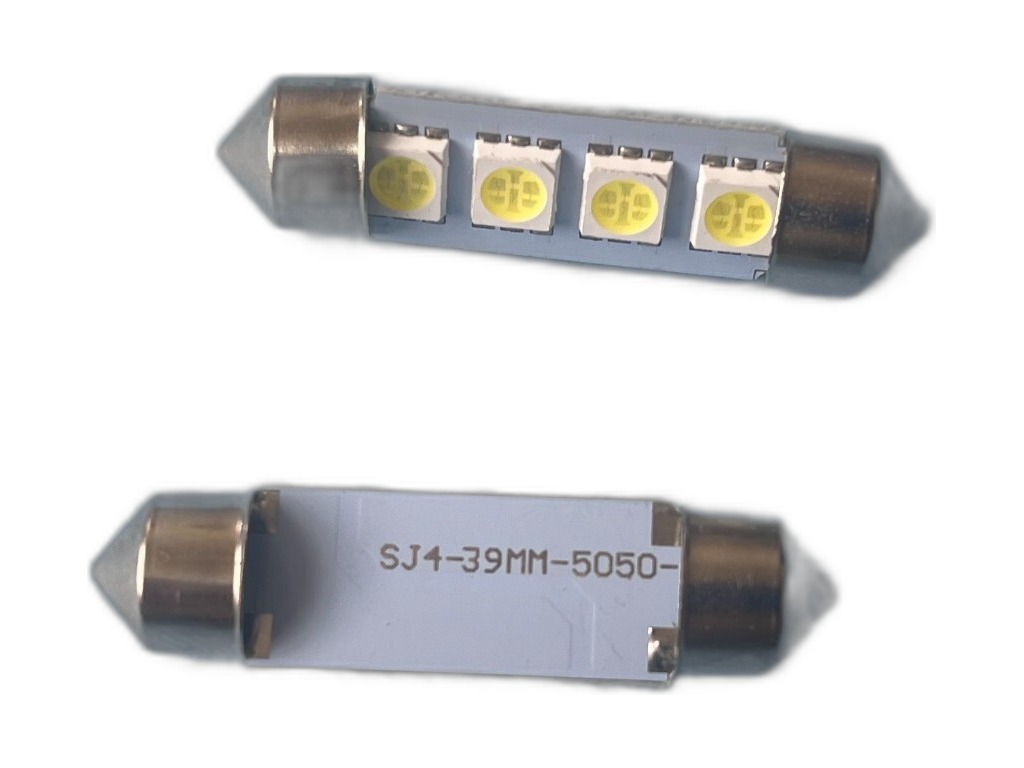 Автолампа диод T11(C5W) 12V 4 SMD диода c цоколем 39мм. 1-контактная белая, салон, номер (S08201171) Skyway, артикул SJ-4SMD-5050-39MM-SJ — фото автозапчасти