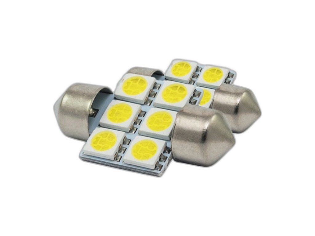 Автолампа диод T11(C5W) 12V 6 SMD диодов с цоколем 31мм. 1-контактная белая, салон, номер (S08201185) Skyway, артикул SJ-6SMD-5050-31MM W — фото автозапчасти