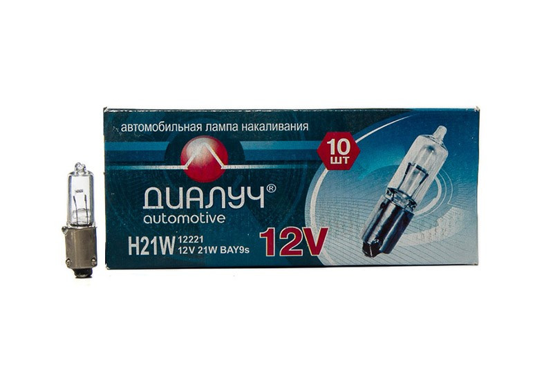 Лампа одноконтактная (габарит, приборы, номер) 12Vх21W галогеновая H21W (Halogen) ДИАЛУЧ, артикул 12221 — фото автозапчасти