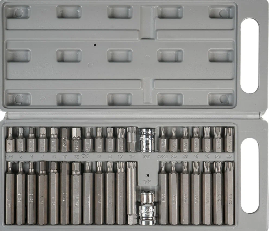 Бита вставка TORX, SPLINE, HEX 3/8", L=30мм. и L=75мм. с держателем бит 1/2" и 3/8" DR, к-т 40шт., уп. кейс AIRLINE, артикул AT-B-52 — фото автозапчасти