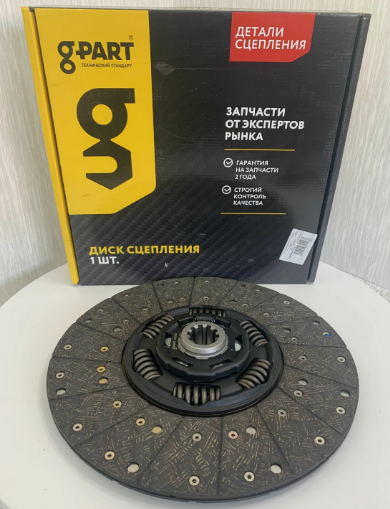 Диск сцепления ведомый Валдай, ГАЗон NEXT, ГАЗ-3309 дв. Cummins 3.8, ПАЗ, КАвЗ дв. Cummins EQB 140-20, МАЗ 4370 Зубренок, ПАЗ-3205, 4234, КАвЗ-4230 дв. ММЗ-245.7, 245.9 с КПП СААЗ. ПАЗ 3204 дв.ММЗ 245.30 Евро 2, 3 + КПП ZFS5-42 G-PART, артикул GP.10690001 — фото автозапчасти