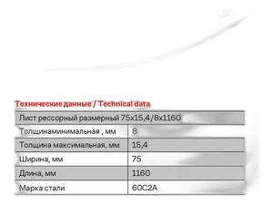 Лист №1 рессоры дополнительный ГАЗель, малолистовой, 75х15,4/8х1160мм. замена 75х15(13)х1160мм.