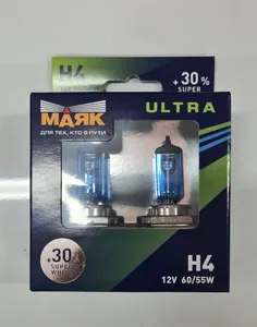 Автолампа H4, 12V 60/55W, цоколь P43t Super White +30% ULTRA. 82420SW+30 "МАЯК"